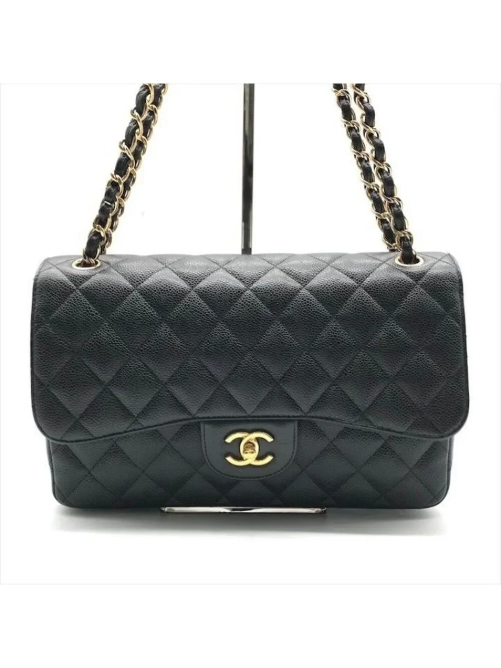 Chanel CC Logo Maxi Quilted Caviar Leather Chain Shoulder Bag Black